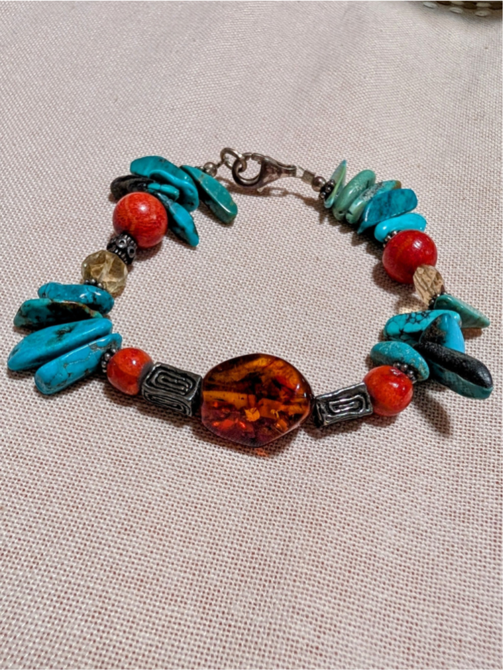 Artisan Turquoise Chip Coral Bead Amber Glass Boho Lobster Bracelet Southwest - Picture 4 of 6